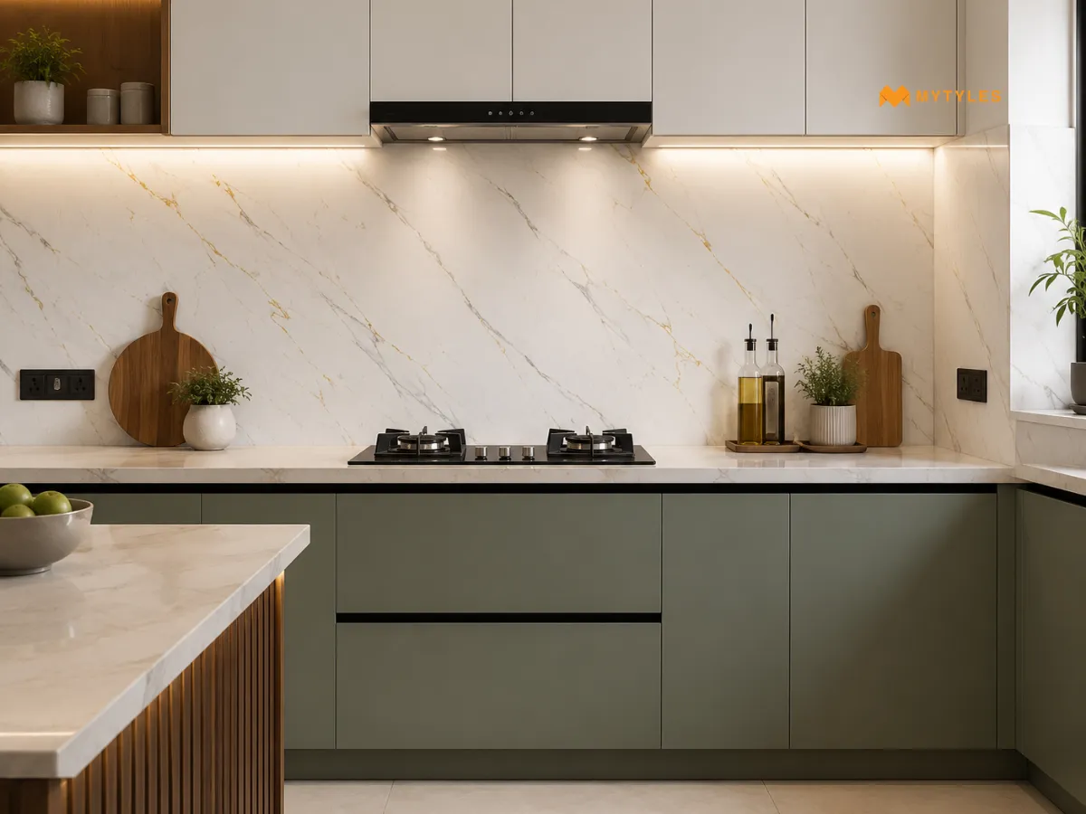 Statuario Kitchen Backsplash with Plain Cabinets